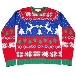 Ugly Christmas Sweater Small Reindeer Drinking‎ Beer Holiday Party Festive Jolly